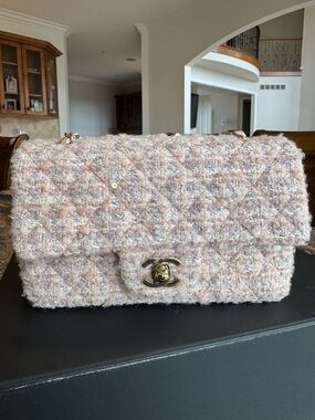 CHANEL Pink Tweed Mini Classic bag with Gold Hardware